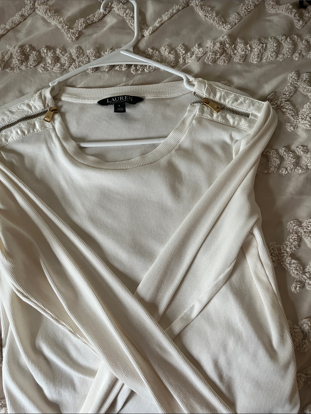 Polo by Ralph Lauren Cream Ribbed Long Sleeve Top with Gold Shoulder Zippers